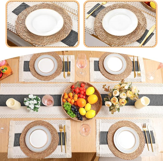 Boho Placemats 4/6/8 Set of Round Woven Placemat Macrame Style Bicolor Stitching Long Table Runner Farmhouse Rustic Natural Burlap Cotton for Kitchen Dining Table (6 Sets,Gray,12x72)