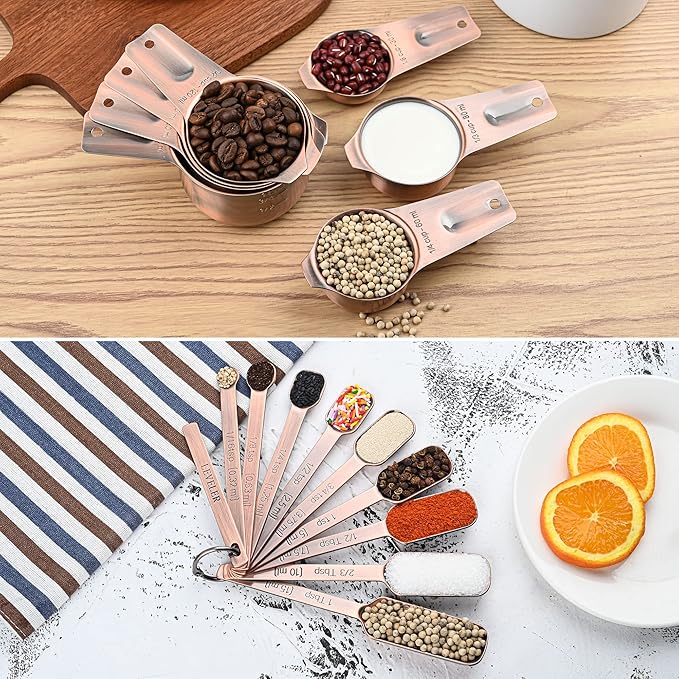 Copper Measuring Cups Set 7, Metric & US Stainless Steel Measuring Cups for Kitchen & Baking, Metal Measure Cups for Dry & Liquid, Nesting Measuring Cup Set with 1/8 2/3 & 3/4 Cups