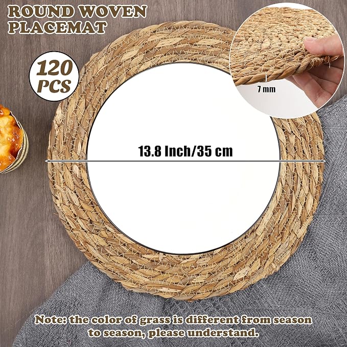 Kochorie Set of 120 Round Woven Placemats 13.8 Inches Bulrush Placemats Natural Hand-Woven Boho Rattan Placemat Wicker Table Mats Farmhouse Weave Place Mats for Home Dining