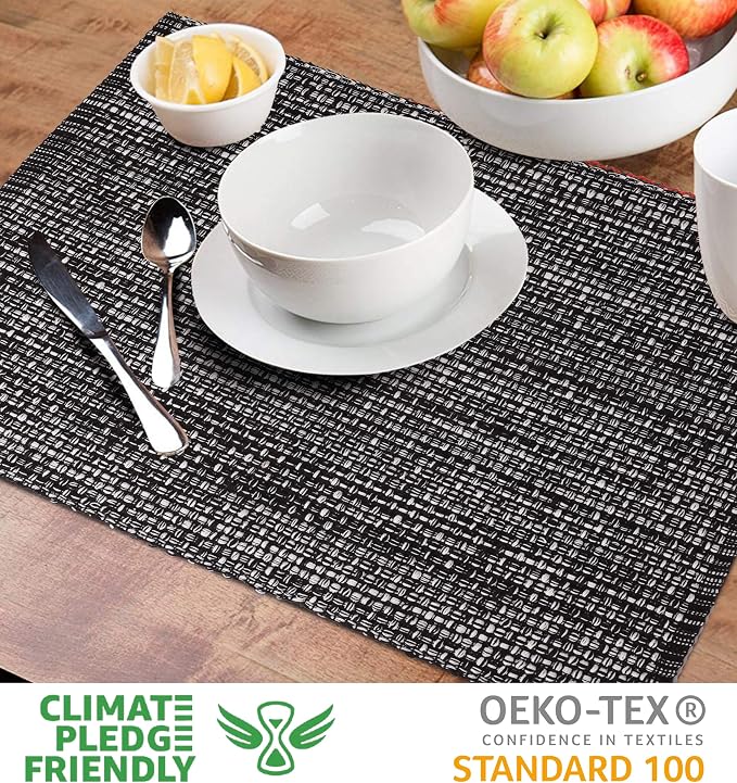Urban Villa Set of 6 Blak Placemats for Dining Table 100% CottonPlacemats 14''x20'' Over Sized Tablemats Placemats Black/White Two Tone Tablemats for Family Dinners Wedding Parties Everyday Use