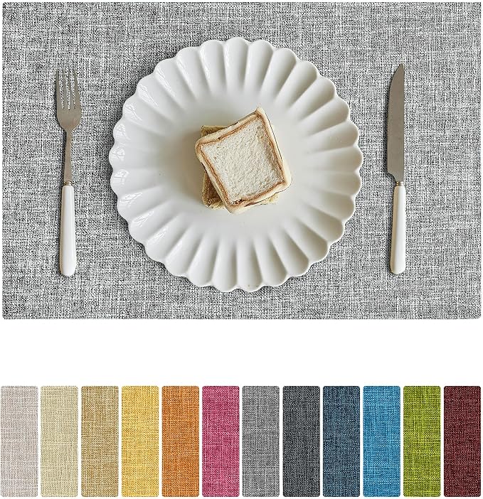 Softalker Faux Linen Placemats Set of 4-12 x 18 Inch, Heat Resistant Double Layered Durable Burlap Farmhouse Place Mats, Non-Slip Washable Rustic Table Mats for Dining, Kitchen, Party（Ash Grey