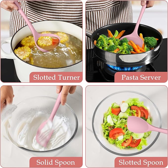 LIANYU Kitchen Silicone Utensils Set, 8Pcs Cooking Utensils Spatula Set for Nonstick Cookware, Heat Resistant Kitchen Gadgets Include Silicone Spoon, Turner, Spatula, Ladle, Dishwasher Safe, Pink