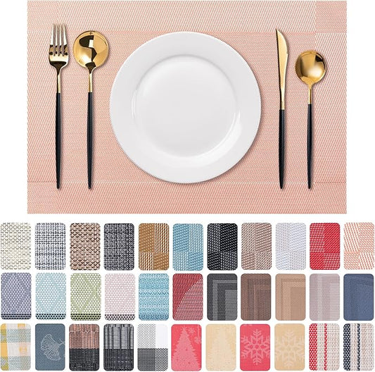 CADONO Placemats Set of 6 Washable Indoor/Outdoor Vinyl Place Mats for Dining Table Durable Non-Slip Heat Resistant PVC Weave Table Mats（Four-Corner-Peachpink）