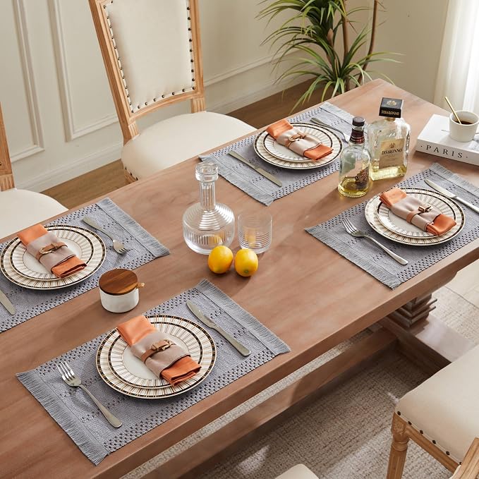 ZeeMart Macrame Style Boho Placemats Set of 6, Light Blue Grey 12x20 Inch | Decorative Farmhouse Table Mats, Natural Cotton Woven Place Mats, Bohemian Home Decor for Kitchen Dining Table