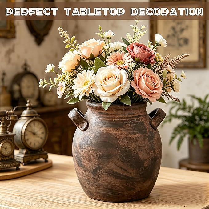 Rustic Kitchen Utensil Holder with Handle,7" Ceramic Farmhouse Stable Utensil Crock for Countertop, Vintage Cooking Tool Organizer & Spatula Holder For Kitchen Decor (Dark Brown)