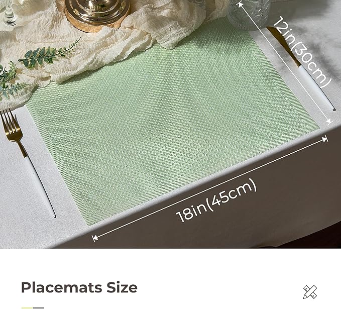 Leetaltree Sparkling Crisp Green Sequin Woven Vinyl Placemats, Set of 12 - Waterproof & Washable Dining Table Mats for Wedding, Anniversary, Daily Use, Hand-Cut