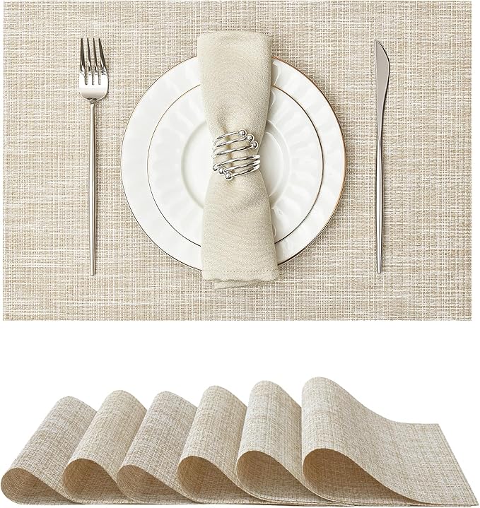 Leetaltree Sparkling Beige and Gold Vinyl Woven Placemats Set of 6 - Durable - Washable - Wipeable Dining Table Place Mats, Suitable for Indoor & Outdoor Use - Hand-Cut