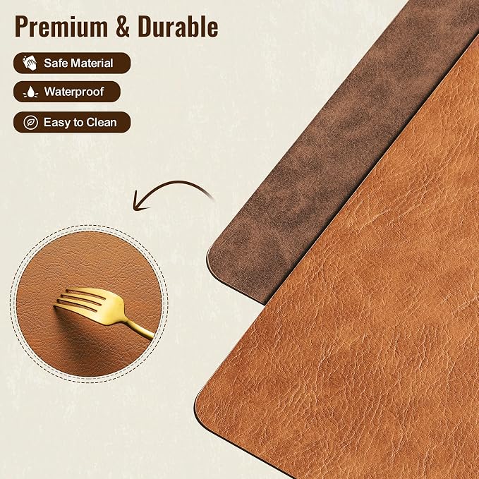 Placemats Set of 12, DOLOPL Reversible Dual-Color Faux Leather Place Mats 17"x11.8"– Waterproof, Heat Resistant, Washable & Wipeable, Luxury Retro Style for Kitchen Dining Table(Reddish Brown & Brown)