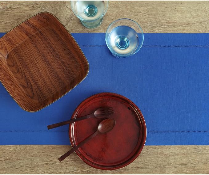 Solino Home Linen Royal Blue Table Runner 132 Inches Long - 100% Pure Linen Extra Long Table Runner 14 x 132 Inch for Summer, 4th of July - Classic Hemstitch