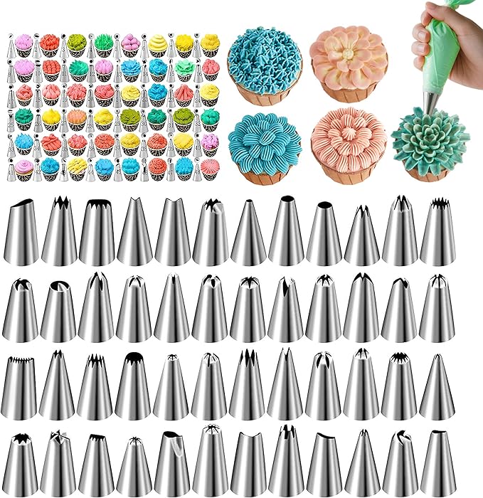 Hendiy Piping Tips Set, Stainless Steel Frosting Piping Kit with 48 Cake Decorating Tip, Small Frosting Icing Tips Baking Tools for Cupcakes, Cake, Cookie