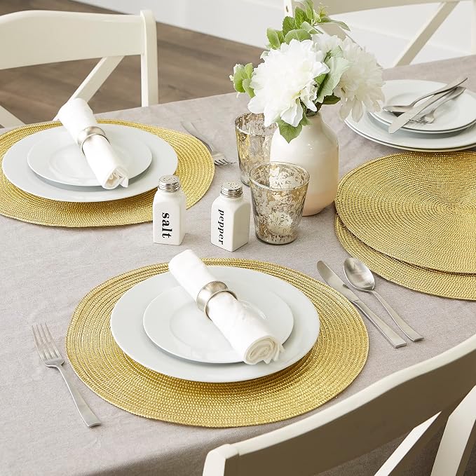 DII Woven Placemats Collection Metallic Round Placemat Set, 15", Gold, 6 Piece