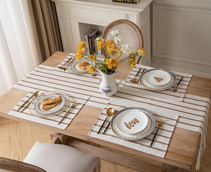 Caflife Boho Farmhouse Placemats Set of 4, Brown Stripes Cotton Linen Woven Table Mats for Modern Dining Table, 13x19 Inch Rustic Kitchen Decor Place Mats