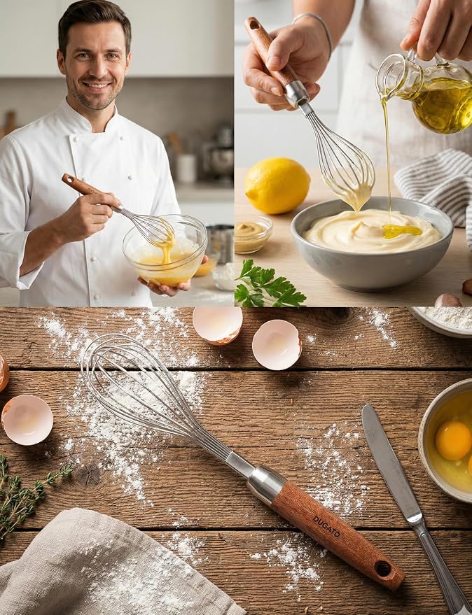 Dugato Mini Egg Whisk, 10 Inch Small Wire Whisk Stainless Steel with Wooden Handle, Narrow Metal Balloon Whisk for 1-Cup Measuring Cups, Kitchen Whisk for Scrambling Eggs and Small Sauces