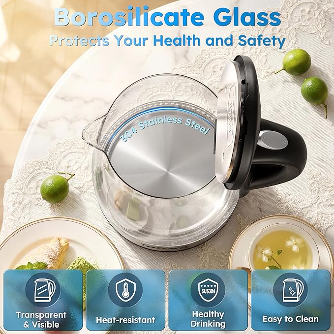 TOPWIT Electric Kettle Glass Hot Water Kettle, 2.0L Water Warmer, BPA-Free Stainless Steel Lid & Bottom, Tea Kettle with Fast Heating, Auto Shut-Off & Boil Dry Protection