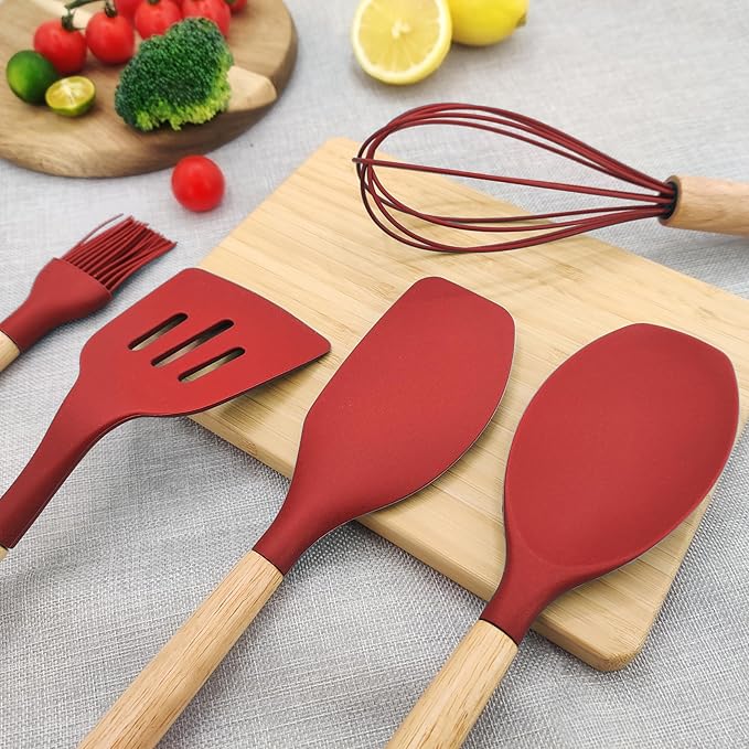 Kitchen Utensils Set 12 Pieces Nonstick Silicone Cooking Utensils Wood Handle Silicone Cooking Utensils Set with Holder Dishwasher Safe BPA Free(red)
