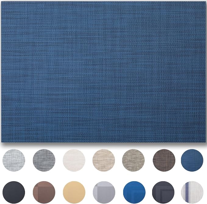 Placemats Set of 8 - Easy Clean Woven Vinyl Placemats for Dining Table, Indoor/Outdoor Place Mats, Washable PVC Table Mats（Navy Blue）