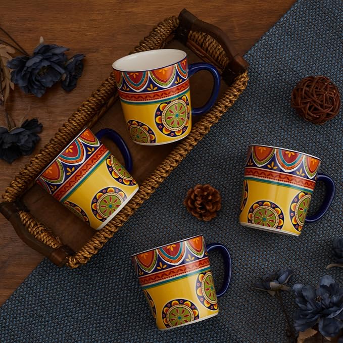 Bico Tunisian Ceramic Coffee Mugs Set of 4, 18 oz Large Tea Cups with Handle, Aesthetic Latte Mugs for Cappuccino Cocoa, Lead-Free, Dishwasher and Microwave Safe, Housewarming Gift