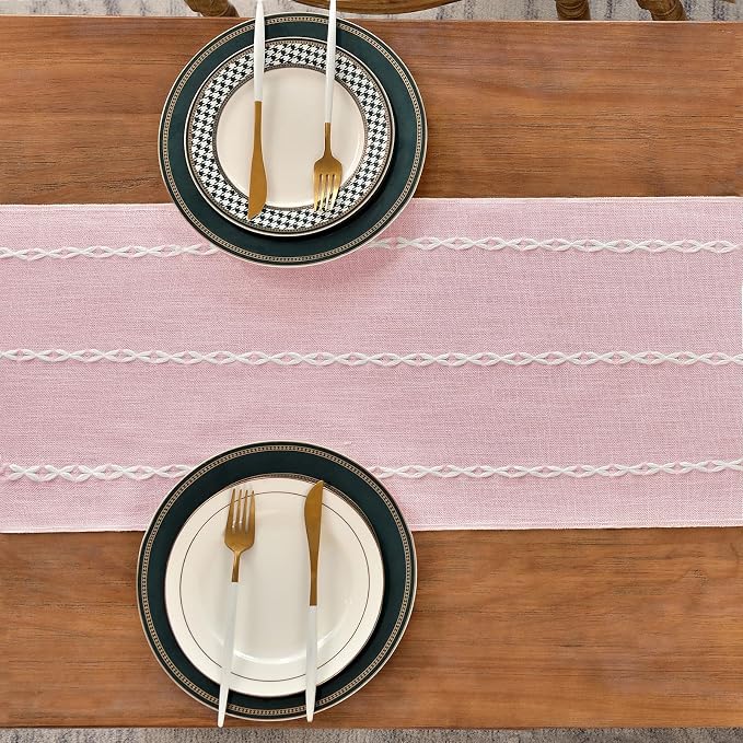Wracra Rustic Linen Table Runner Farmhouse Style Table Runners 108 inches Long Embroidered Table Runner with Hand-Tassels for Party, Dresser Decor and Dining Room Decorations (Pink, 13"×108")