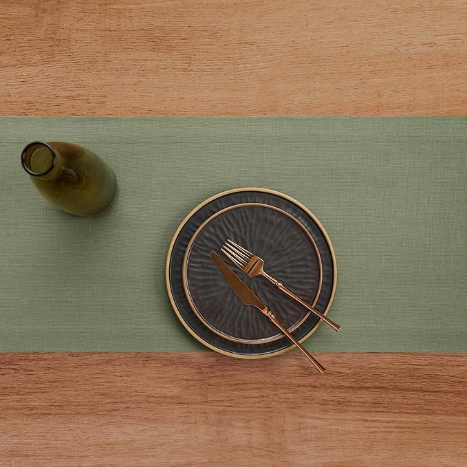 Solino Home Linen Table Runner 36 Inches - 100% Pure Linen Oil Green Table Runner 14 x 36 Inch Ideal for Dresser and Coffee Tables - Spring, Summer - Fete