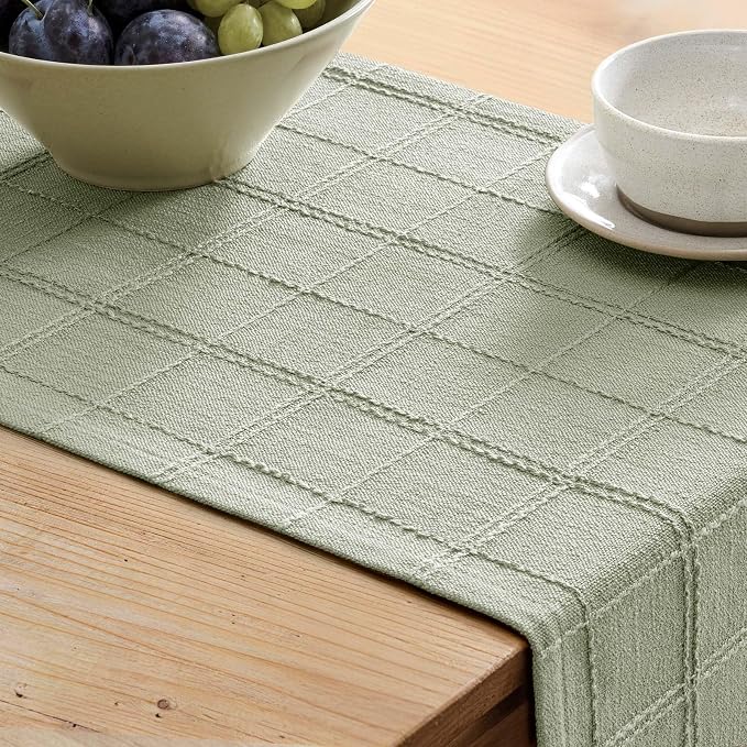 ZeeMart Linen Checked Farmhouse Table Runner, 13x60 Inches Seeding Green | Raised Grid Design, Rich Woven Texture, Linen Blend Table Runners 60 Inches Long, Machine Washable, Boho Home Kitchen Decor
