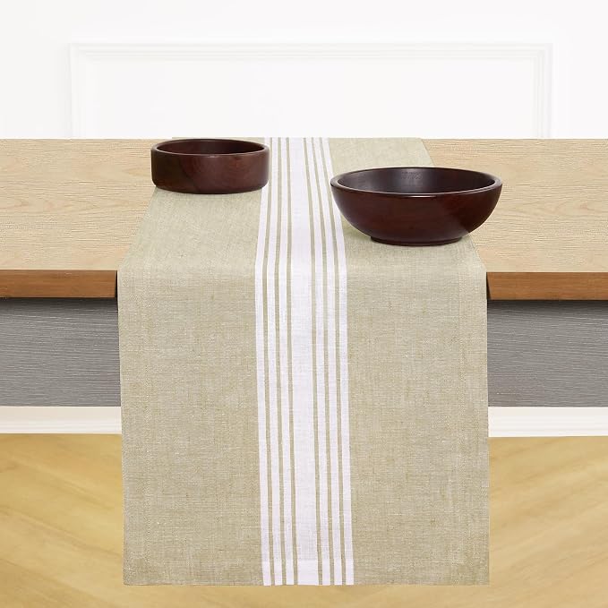Solino Home Stripe Linen Table Runner 144 Inches Long - 100% Pure Linen White and Pale Khaki Farmhouse Table Runner 14 x 144 Inch for Dining, Summer