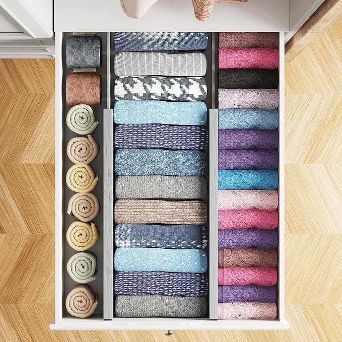 SpaceAid Bamboo 4 Pack Dresser Drawer Dividers, 4.65“ High Adjustable 17“-22” Drawer Organizers, Expandable Organization for Clothing, Clothes, Dressers, Gray