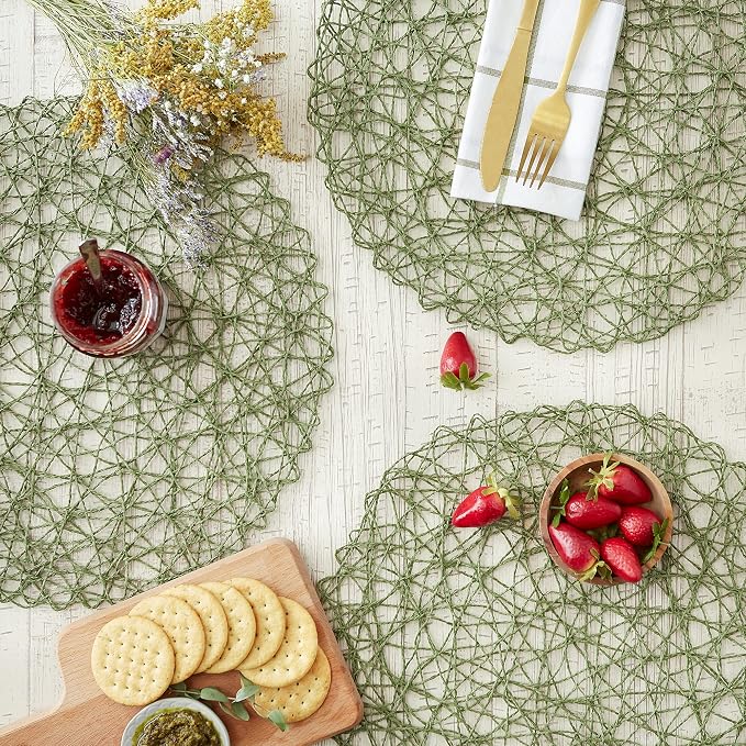 DII Woven Paper Tabletop Collection Holiday or Event Decor, Round Placemat Set, 15" Dia, Dark Green, 6, Piece