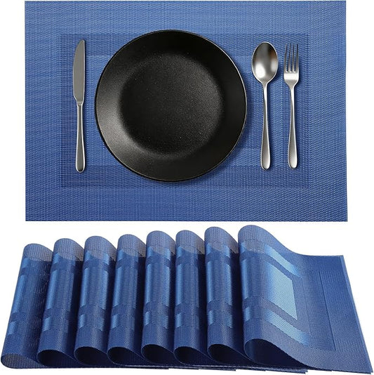 Timeet Blue Placemats Set of 8, Heat Resistant Non-Slip Place Mats, Durable Washable PVC Vinyl Woven Table Mats, Wipeable Placemats for Dining Table Easy to Clean