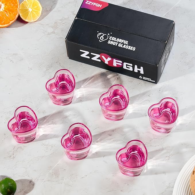 ZZYFGH 6 Pack Pink Shot Glasses Set, Heart Shaped Shot Glasses Set 1.5 oz Shot Glass with Heavy Base, Shot Glasses for Whiskey, Tequila, Vodka, Spirits & Liquors, Mother's Day Decor