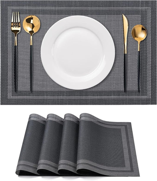 CADONO Placemats Set of 4 Washable Indoor/Outdoor Vinyl Place Mats for Dining Table Durable Non-Slip Heat Resistant PVC Weave Table Mats（Simple Style-Black）