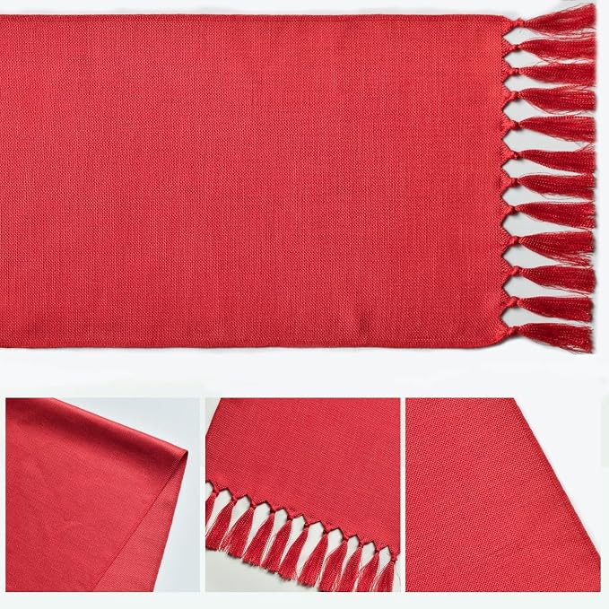 Artoid Mode Red Tassel Table Runner, Christmas Linen Blend Rustic Farmhouse Style Kitchen Table Decoration Holiday Wedding Party Dinning Decor 13x36 Inch