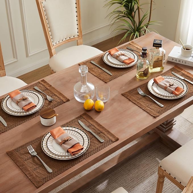 ZeeMart Macrame Style Boho Placemats Set of 4, Caramel 12x20 Inch | Decorative Farmhouse Table Mats, Natural Cotton Woven Place Mats, Bohemian Home Decor for Kitchen Dining Table