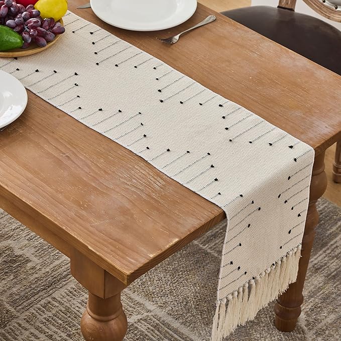 Table Runner 90 Inches Long, Boho Style with Handmade Tassels, 70% Cotton & 30% Linen, Modern Farmhouse Home Decor for Living Room (Beige Black, 12x90 Inch)