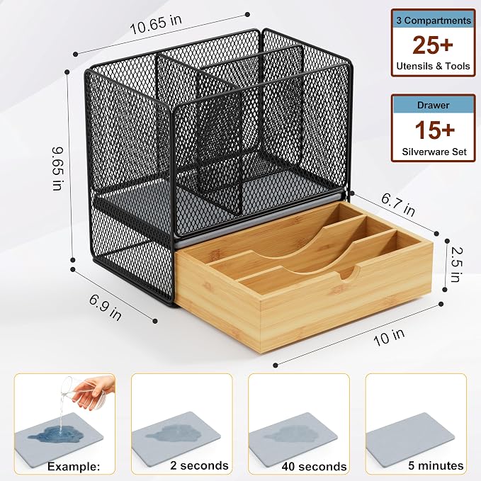 Utensil Holder, 2-in-1 Kitchen Utensil Holder with Silverware Drawer Organizer for Countertop, 3 Compartments Cooking Utensil Holder with Diatomaceous Earth Base for Kitchen Counter, Black