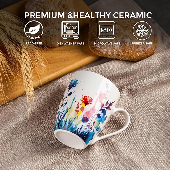 GBhome 12oz Coffee Mugs Set fo 6, Ceramic Coffee Mugs with Decaled Flowers for Man Woman Mom Dad, Light Weight Coffee Mugs Set for Latte/Cappuccino/Cocoa/Milk, Dishwasher & Microwave Safe