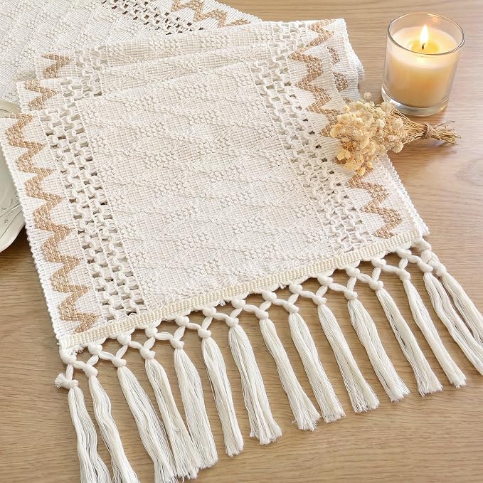 FEXIA Boho Table Runner for Home Decor with Tassels 72 Inch Farmhouse Burlap Macrame Woven Table Runner Rustic Lace Decoration for Living Room Dining Table Entryway, Cream & Brown (13x72 Inch)