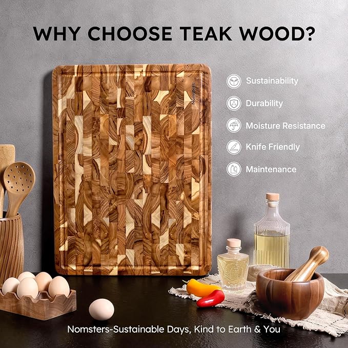 Teak Wood Extra Large End Grain Cutting Board for Kitchen with Non-slip Feet, Heavy Duty Checkered Cutting Board Handcrafted Luxury Chopping Board for Cheese and Vegetables Housewarming Gift