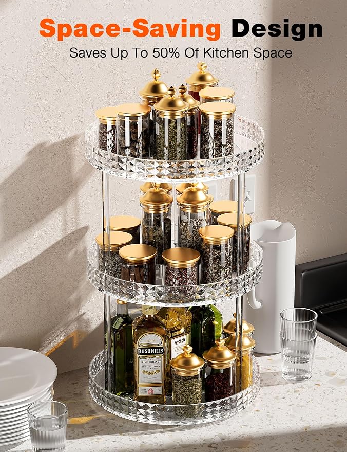 3Tier Diamond Lazy Susan Bathroom Countertop Organizer, 360° Clear Rotating Makeup Cosmetic Perfume Storage Tray, Spinning Vanity Organizer Shelf for Bathroom Cabinet, Dresser, Kitchen(Large)