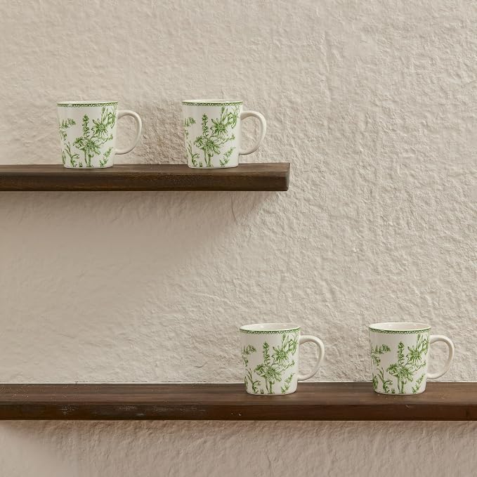 Bico Green Garden Toile De Jouy Ceramic Coffee Mugs Set of 4, 18 oz Large Tea Cups with Handle, Aesthetic Latte Mugs for Cappuccino Cocoa, Lead-Free, Dishwasher and Microwave Safe, Housewarming Gift