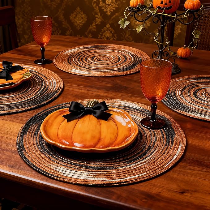 Youyi 15 Inch Round Braided Placemats Set of 6, Washable Heat Resistant Non-Slip Boho Farmhouse Table Mats for Kitchen Decor, Caramel