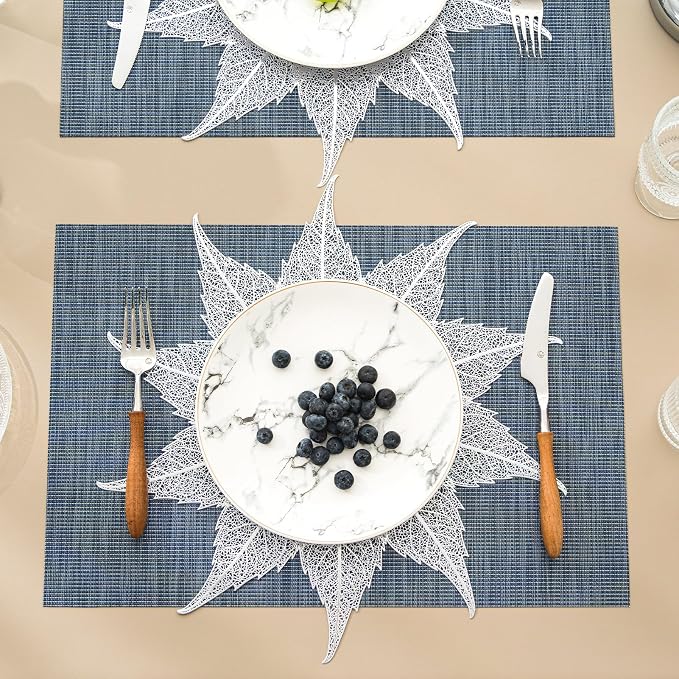 BACKTOEDEN Placemats Set of 6 Heat Resistant Washable Wipeable Placemat Woven Non-Slip Foldable Vinyl/Plastic Place Mats Indoor/Outdoor Mat Kitchen Dining Table Pad, Silver Maple Leaf & Blue