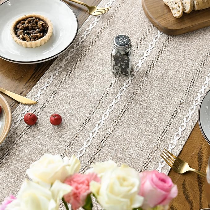 Artoid Mode Brown Rustic Cotton Linen Table Runner, Seasonal Embroidered Hollow Kitchen Dining Table Decoration for Home Party Decor 13x60 Inch