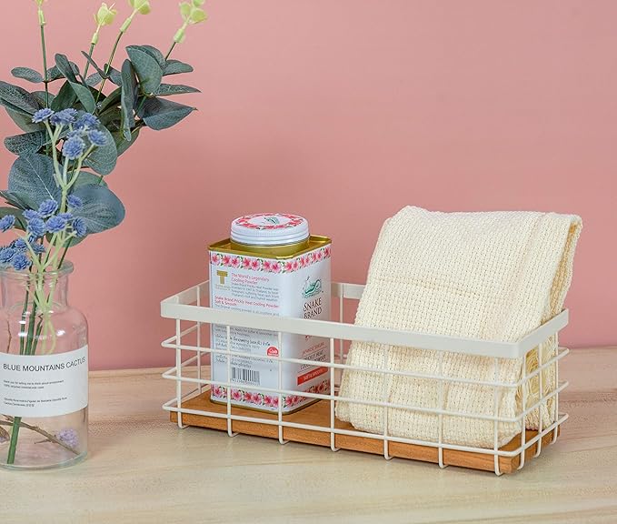 TIEYIPIN Small Metal Wire Storage Basket, Detachable Wood Base Storage Organizer Bin Basket for Kitchen Cabinets, Bathroom, Pantry, Garage, Laundry Room (Cream White, 2 Pack)
