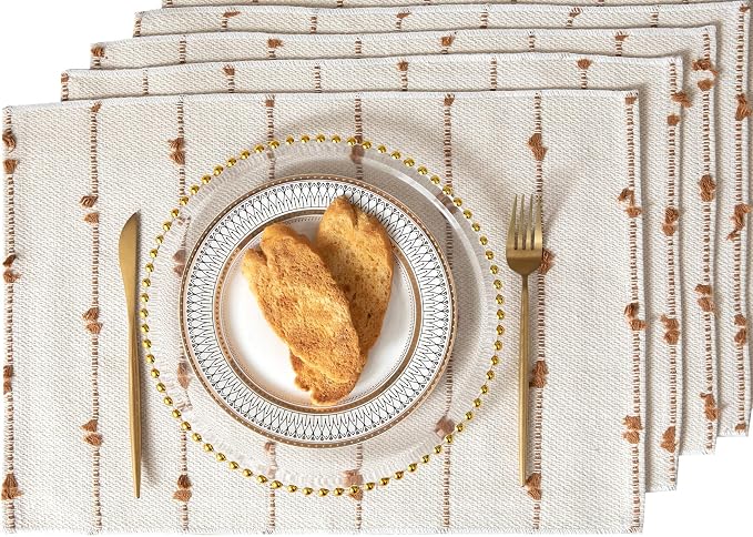 Boho Placemats Set of 4 for Dining Table Decor, Woven Cloth Place Mats for Farmhouse Rustic Kitche Home Decor, Cotton Placemats 13 x 19 Inch, Brown and Beige Table mats