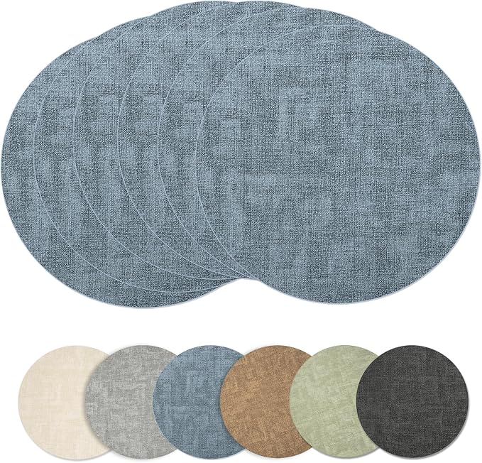 Maxpearl Round Placemats Set of 6, 13.8 inch Faux Leather Heat Resistant Table Mats, Non Slip Waterproof Wipeable Place Mats for Kitchen Dining Holiday Party Table Settings, Blue