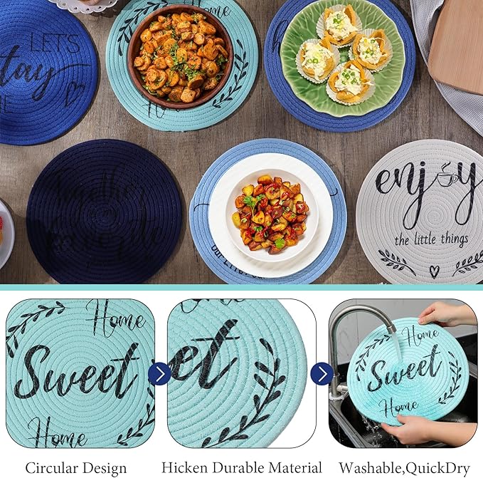 13 Inch Round Cotton Placemat Set of 6 Woven Boho Coasters Table Mats Dining Table Setting Decor Washable Heat Resistant Farmhouse Circle Place Mats for Home Accessories(Blue)