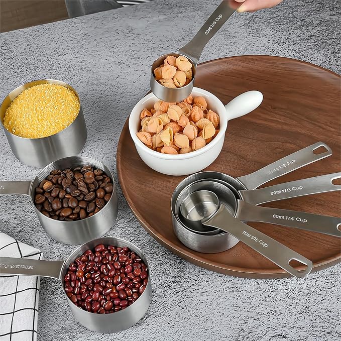 Measuring Cup Set of 8, 18/8 Stainless Steel Measuring Cups for Kitchen & Baking, Heavy Duty Metric & US Measure Cups Set with 2/3 Cup & 3/4 Cup Meaure Cups