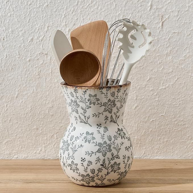 JIEMEI HOME Kitchen Utensil Holder, 7.56" Ceramic Large Rustic Utensil Crock for Countertop, Farmhouse Cooking Tool Organizer, Spatula Holder For Kitchen Decor, Gray Floral