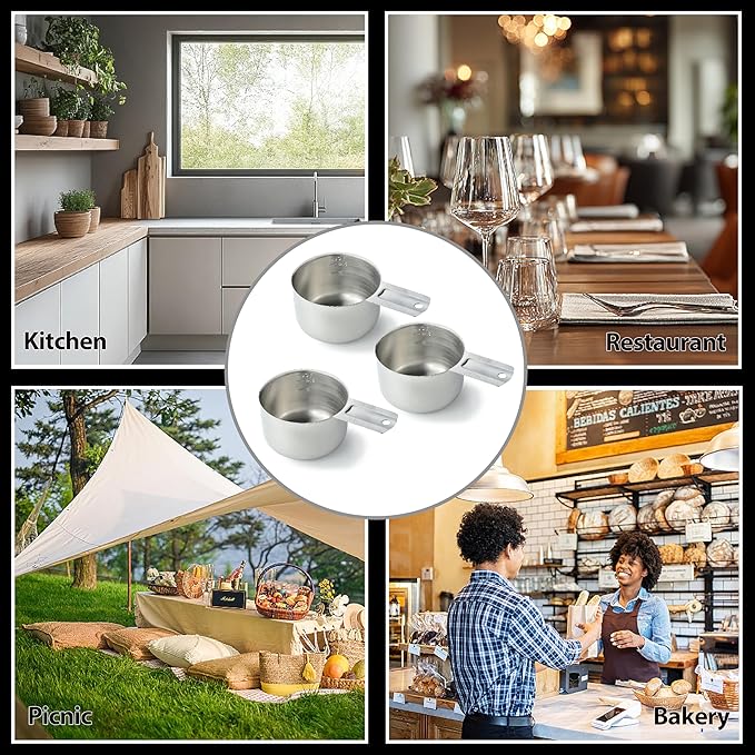 3PCS Measuring Cup, HIA 1 Cup Stainless Steel Metal Measuring Cups with Ergonomic Handle, Great for Wet and Dry Ingredients