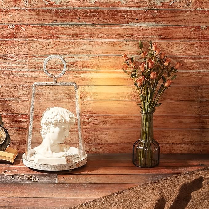 9" Wide Modern Farmhouse Metal Hurricane Candle Holder with Handmade Sturdy Glass Sleeve in Vintage White for Pillar Candle & Plants, Glass Hurricane Lantern, Industrial, Minimalistic